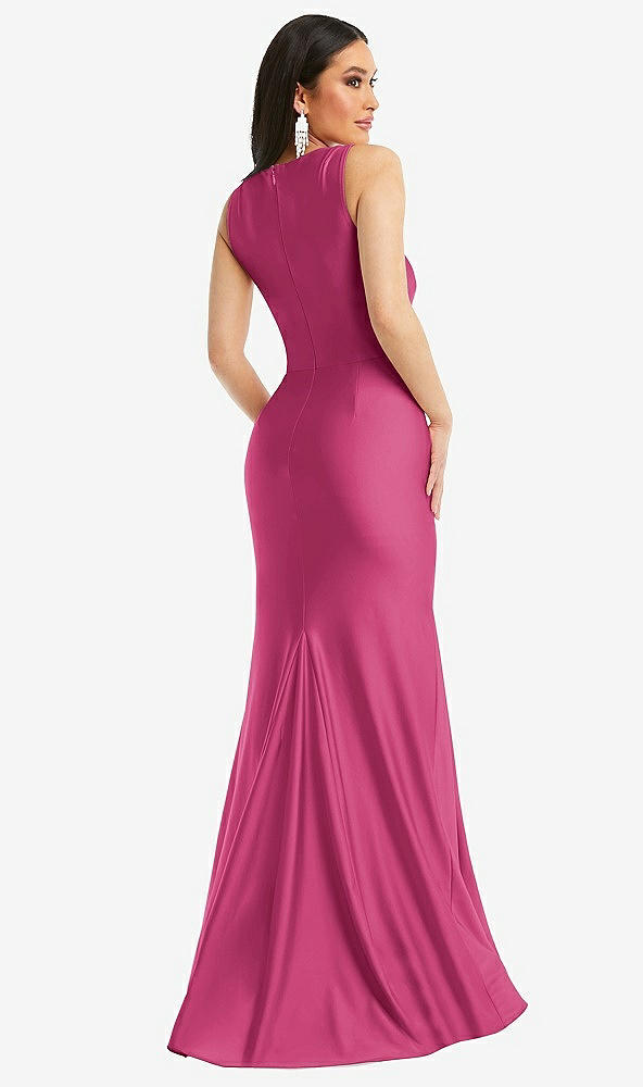 Back View - Tea Rose Square Neck Stretch Satin Mermaid Dress with Slight Train