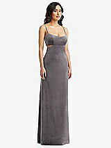 Front View Thumbnail - Caviar Gray Spaghetti Strap Cutout Midriff Velvet Maxi Dress