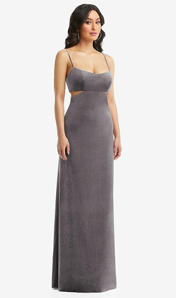 Front View - Caviar Gray Spaghetti Strap Cutout Midriff Velvet Maxi Dress