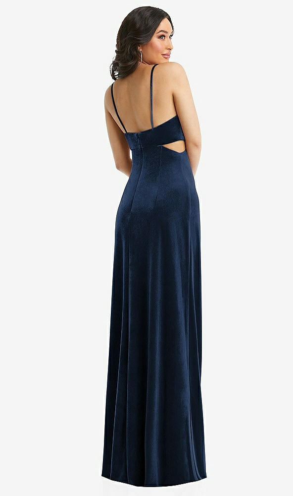 Back View - Midnight Navy Spaghetti Strap Cutout Midriff Velvet Maxi Dress