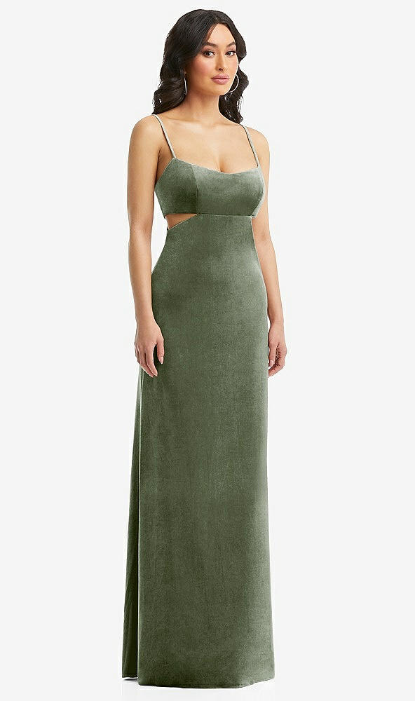 Front View - Sage Spaghetti Strap Cutout Midriff Velvet Maxi Dress