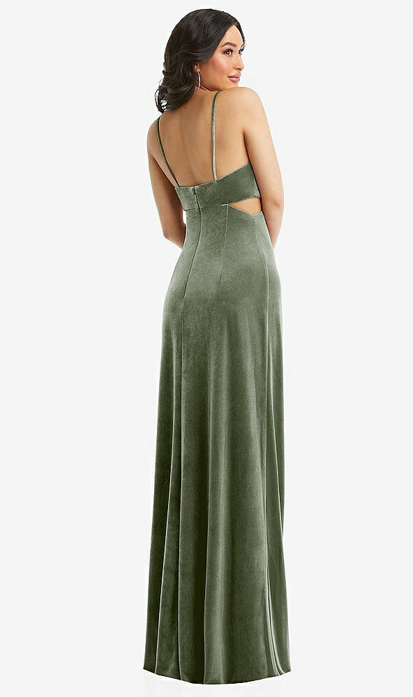 Back View - Sage Spaghetti Strap Cutout Midriff Velvet Maxi Dress