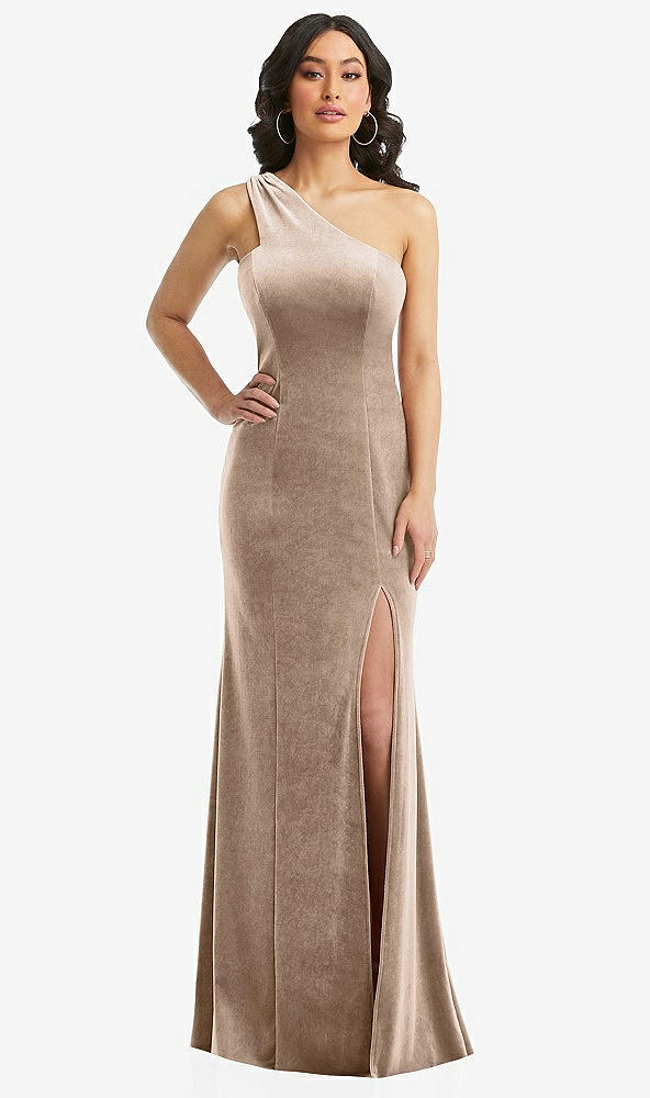 Front View - Topaz One-Shoulder Velvet Trumpet Gown with Front Slit