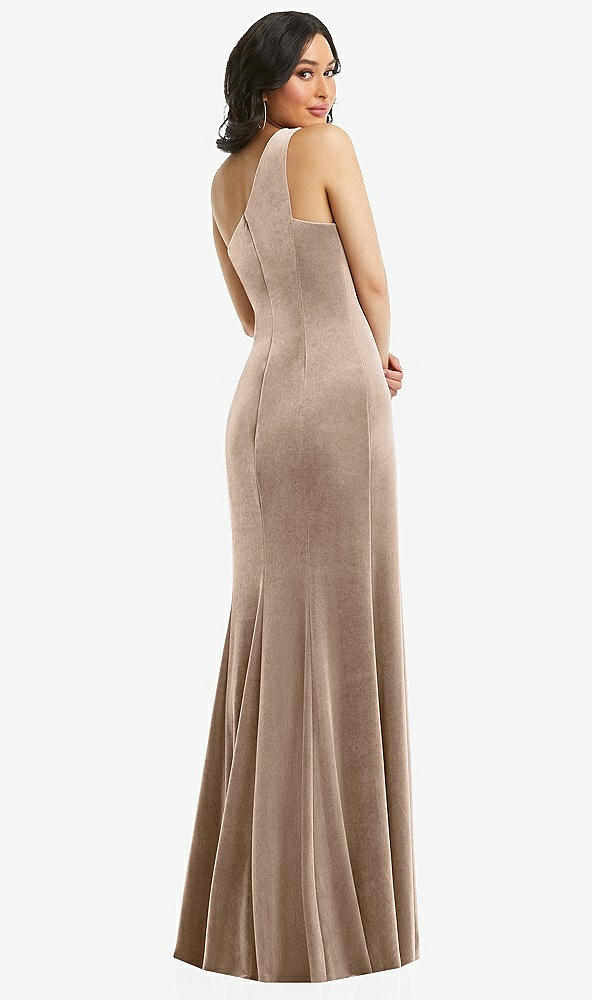 Back View - Topaz One-Shoulder Velvet Trumpet Gown with Front Slit