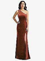 Front View Thumbnail - Auburn Moon One-Shoulder Velvet Trumpet Gown with Front Slit