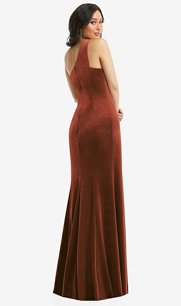 Back View - Auburn Moon One-Shoulder Velvet Trumpet Gown with Front Slit