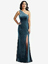 Front View Thumbnail - Dutch Blue One-Shoulder Velvet Trumpet Gown with Front Slit