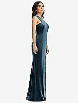 Side View Thumbnail - Dutch Blue One-Shoulder Velvet Trumpet Gown with Front Slit