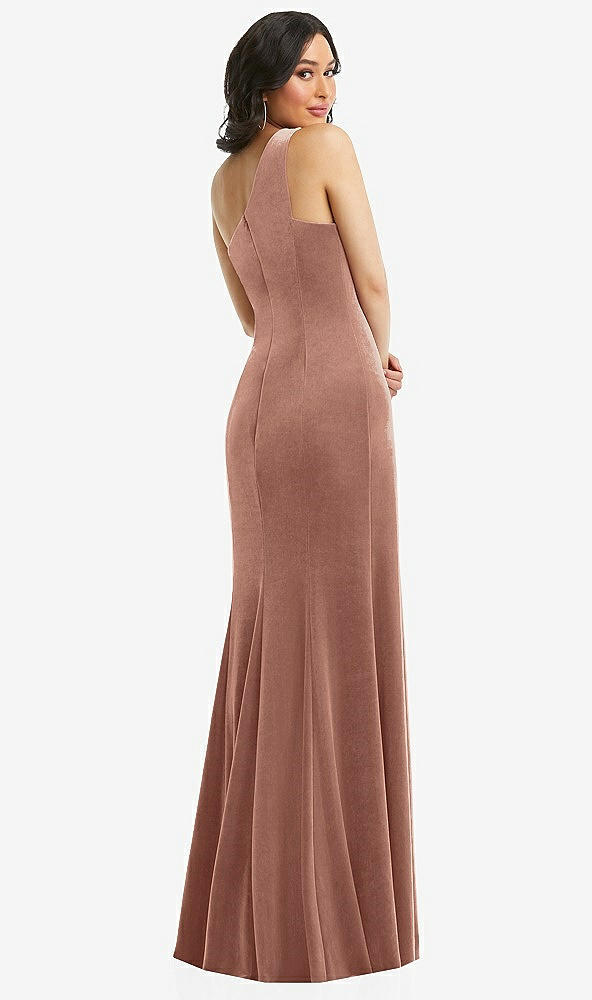 Back View - Tawny Rose One-Shoulder Velvet Trumpet Gown with Front Slit