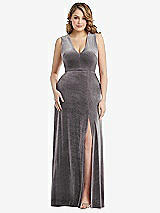 Front View Thumbnail - Caviar Gray Deep V-Neck Sleeveless Velvet Maxi Dress with Pockets