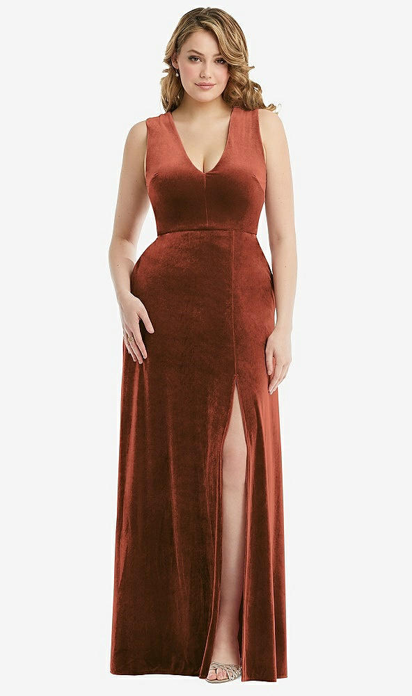 Front View - Auburn Moon Deep V-Neck Sleeveless Velvet Maxi Dress with Pockets