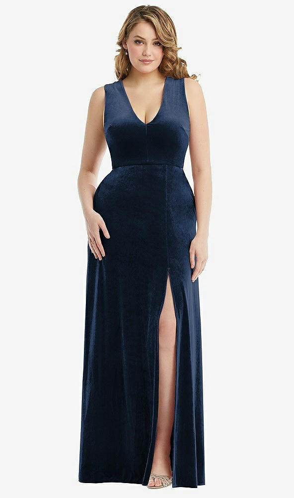 Front View - Midnight Navy Deep V-Neck Sleeveless Velvet Maxi Dress with Pockets