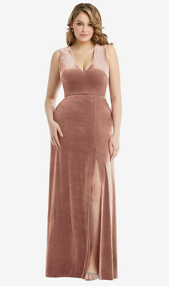 Front View - Tawny Rose Deep V-Neck Sleeveless Velvet Maxi Dress with Pockets