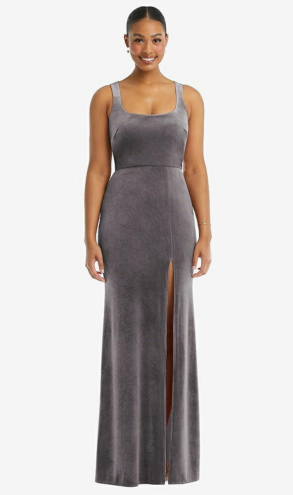 Front View - Caviar Gray Square Neck Closed Back Velvet Maxi Dress 