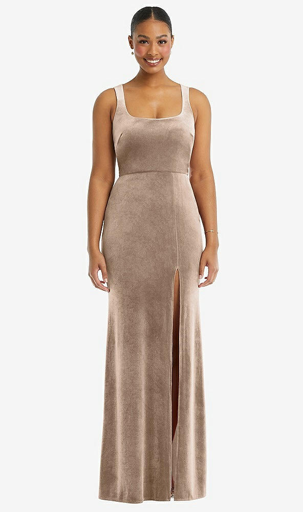 Front View - Topaz Square Neck Closed Back Velvet Maxi Dress 