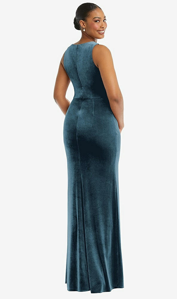 Back View - Dutch Blue Square Neck Closed Back Velvet Maxi Dress 