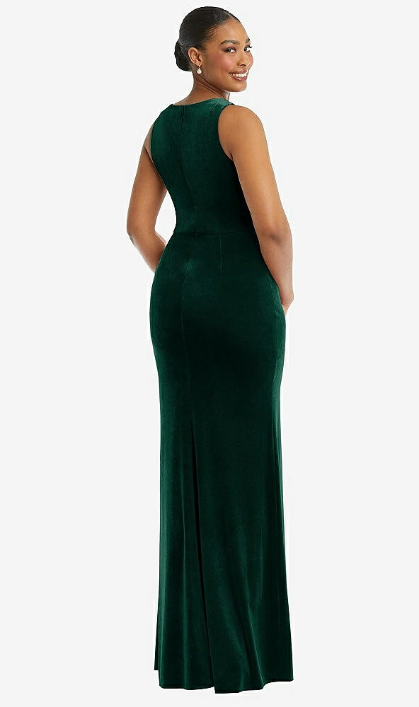 Back View - Evergreen Square Neck Closed Back Velvet Maxi Dress 