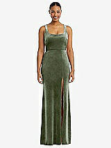 Front View Thumbnail - Sage Square Neck Closed Back Velvet Maxi Dress 