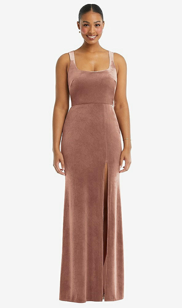 Front View - Tawny Rose Square Neck Closed Back Velvet Maxi Dress 