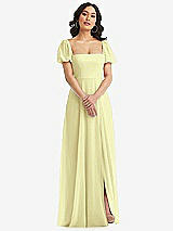 Front View Thumbnail - Butter Yellow Puff Sleeve Chiffon Maxi Dress with Front Slit