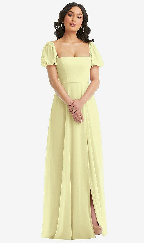 Front View - Butter Yellow Puff Sleeve Chiffon Maxi Dress with Front Slit