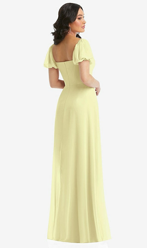 Back View - Butter Yellow Puff Sleeve Chiffon Maxi Dress with Front Slit