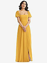 Front View Thumbnail - NYC Yellow Puff Sleeve Chiffon Maxi Dress with Front Slit