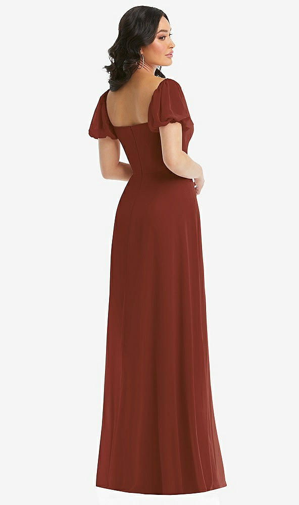 Back View - Auburn Moon Puff Sleeve Chiffon Maxi Dress with Front Slit