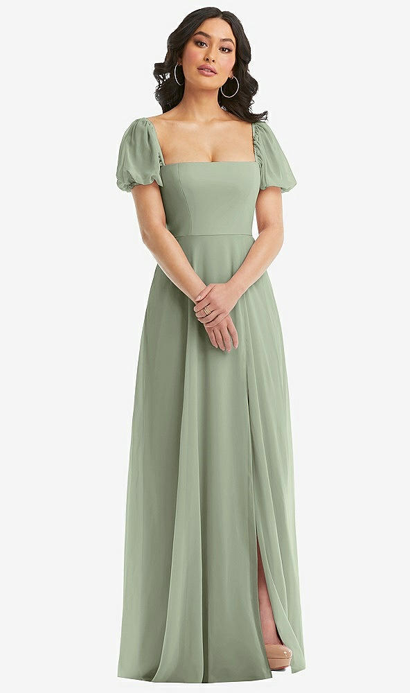 Front View - Sage Puff Sleeve Chiffon Maxi Dress with Front Slit