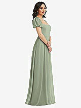 Side View Thumbnail - Sage Puff Sleeve Chiffon Maxi Dress with Front Slit