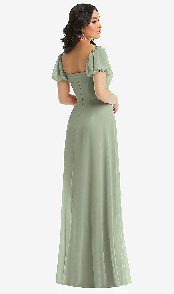 Back View - Sage Puff Sleeve Chiffon Maxi Dress with Front Slit