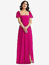 Front View Thumbnail - Think Pink Puff Sleeve Chiffon Maxi Dress with Front Slit