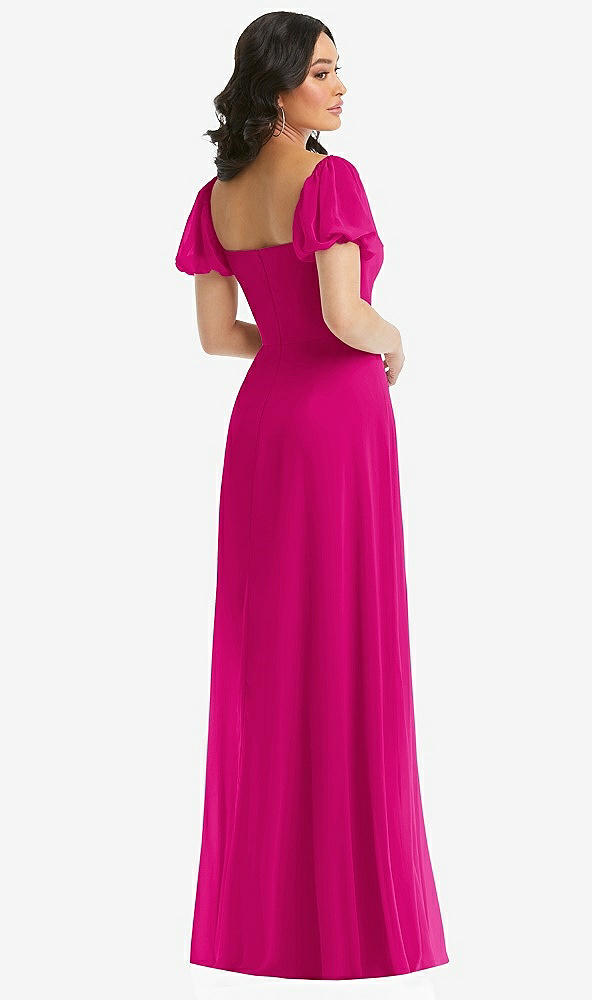 Back View - Think Pink Puff Sleeve Chiffon Maxi Dress with Front Slit