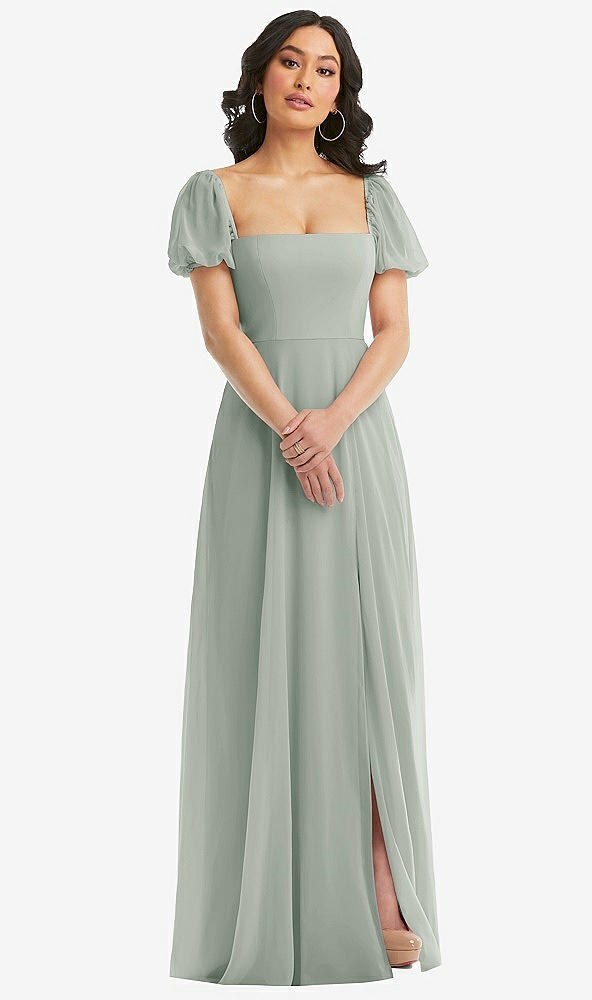 Front View - Willow Green Puff Sleeve Chiffon Maxi Dress with Front Slit