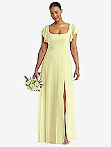 Front View Thumbnail - Butter Yellow Flutter Sleeve Scoop Open-Back Chiffon Maxi Dress