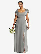 Front View Thumbnail - Chelsea Gray Flutter Sleeve Scoop Open-Back Chiffon Maxi Dress