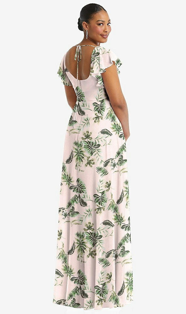 Back View - Palm Beach Print Flutter Sleeve Scoop Open-Back Chiffon Maxi Dress