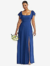 Front View Thumbnail - Classic Blue Flutter Sleeve Scoop Open-Back Chiffon Maxi Dress