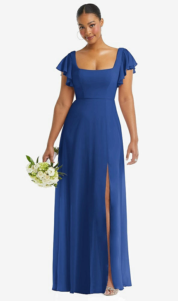 Front View - Classic Blue Flutter Sleeve Scoop Open-Back Chiffon Maxi Dress