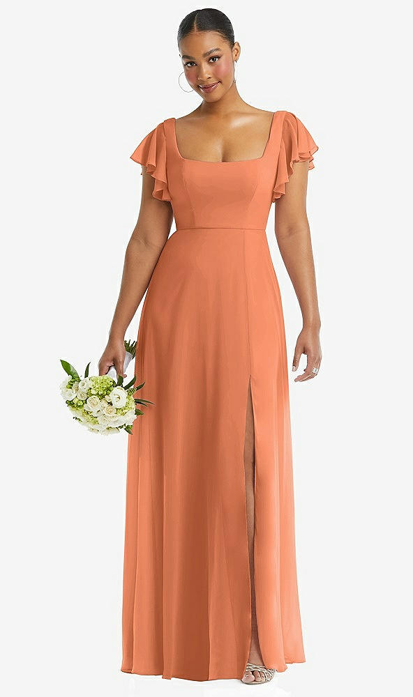 Front View - Sweet Melon Flutter Sleeve Scoop Open-Back Chiffon Maxi Dress