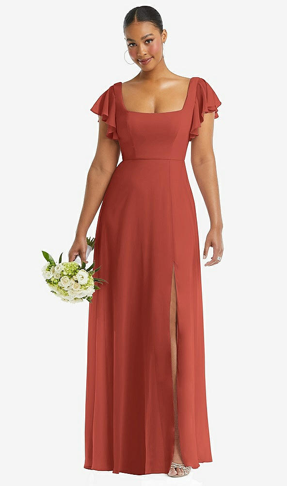 Front View - Amber Sunset Flutter Sleeve Scoop Open-Back Chiffon Maxi Dress