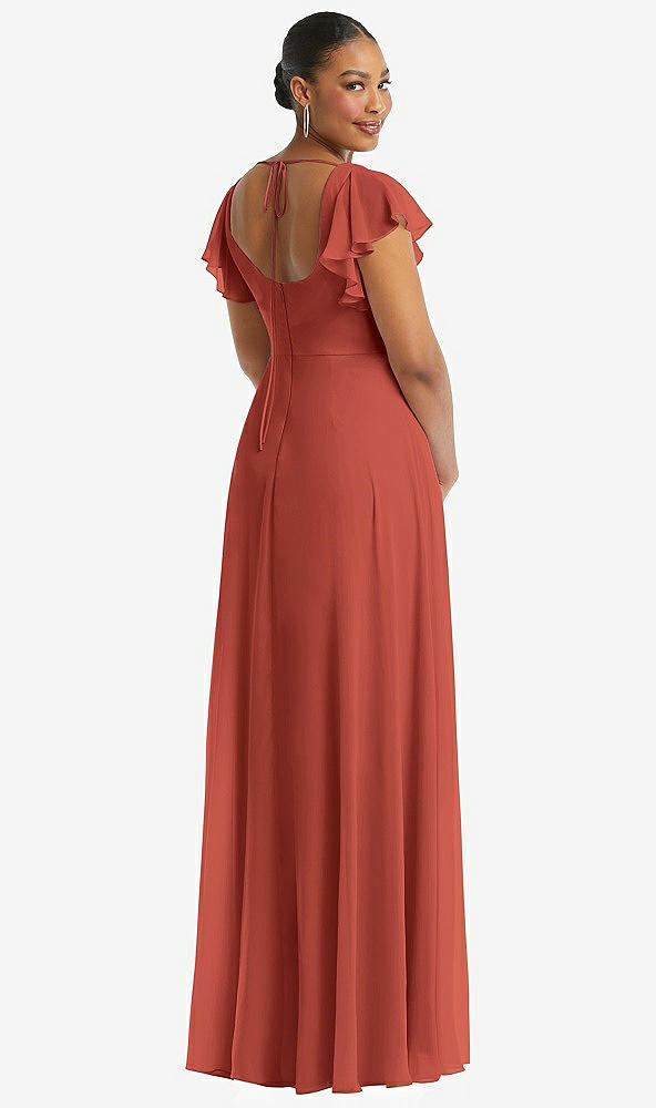 Back View - Amber Sunset Flutter Sleeve Scoop Open-Back Chiffon Maxi Dress