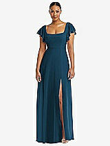 Alt View 1 Thumbnail - Atlantic Blue Flutter Sleeve Scoop Open-Back Chiffon Maxi Dress