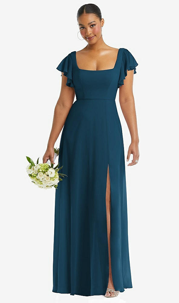 Front View - Atlantic Blue Flutter Sleeve Scoop Open-Back Chiffon Maxi Dress