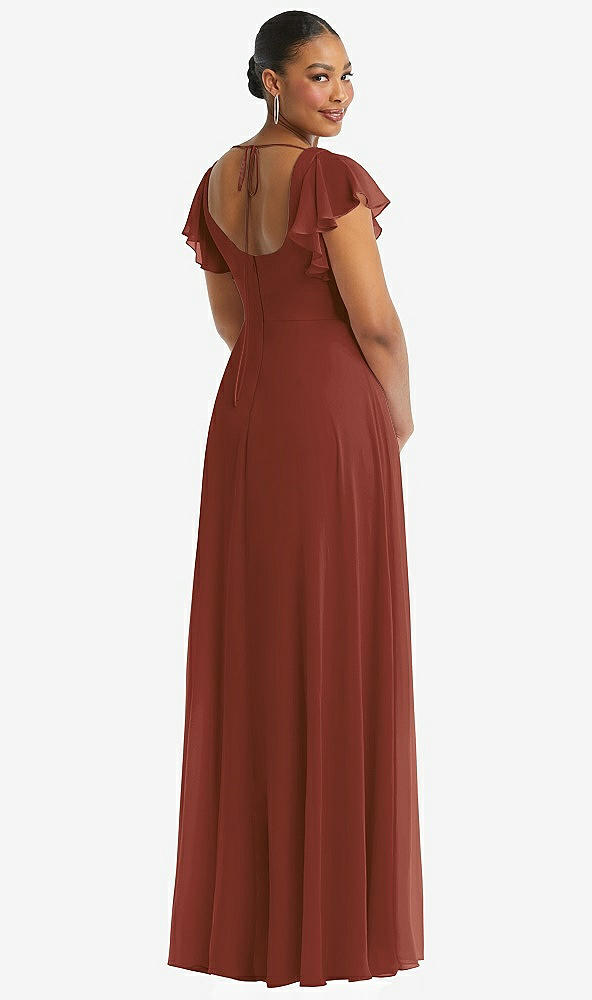 Back View - Auburn Moon Flutter Sleeve Scoop Open-Back Chiffon Maxi Dress