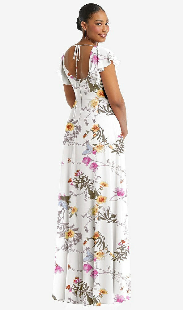 Back View - Butterfly Botanica Ivory Flutter Sleeve Scoop Open-Back Chiffon Maxi Dress