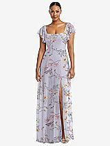 Alt View 1 Thumbnail - Butterfly Botanica Silver Dove Flutter Sleeve Scoop Open-Back Chiffon Maxi Dress