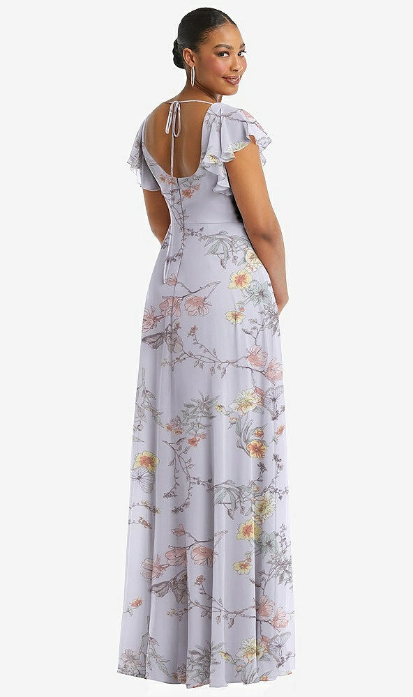 Back View - Butterfly Botanica Silver Dove Flutter Sleeve Scoop Open-Back Chiffon Maxi Dress