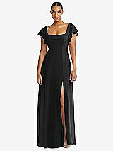 Alt View 1 Thumbnail - Black Flutter Sleeve Scoop Open-Back Chiffon Maxi Dress