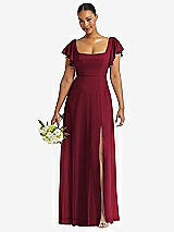 Front View Thumbnail - Burgundy Flutter Sleeve Scoop Open-Back Chiffon Maxi Dress